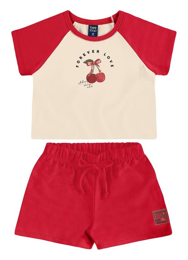 Conjunto Cropped Cerejinhas e Short Bege