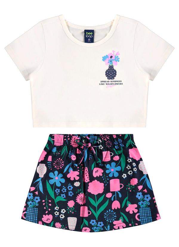 Conjunto Cropped e Short-Saia Floral Bege