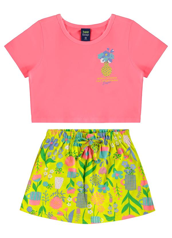 Conjunto Cropped e Short-Saia Floral Rosa