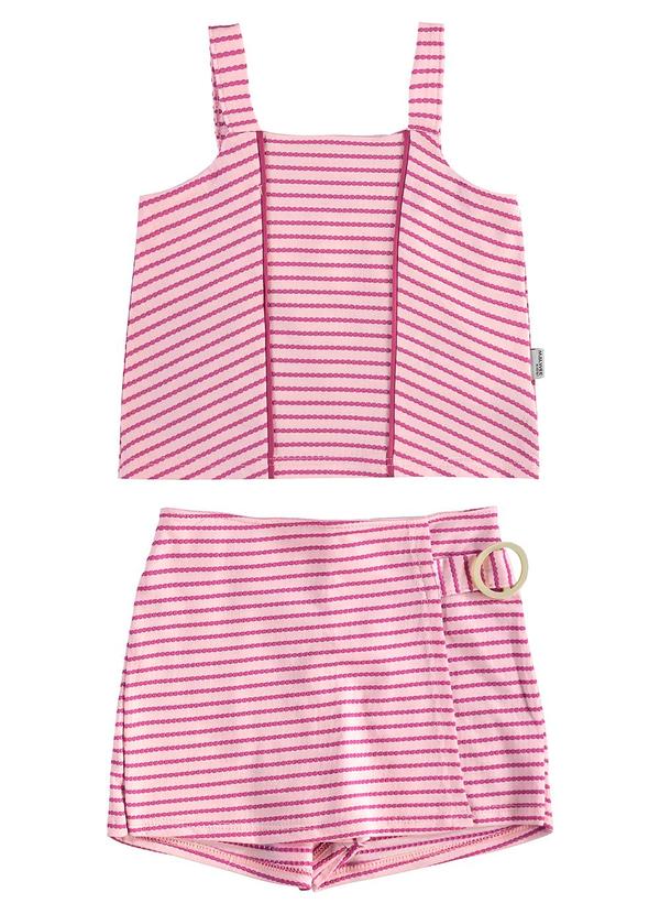 Conjunto Cropped Listrado com Fivela Rosa