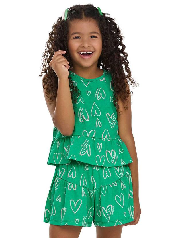 Conjunto Curto Infantil Menina Corações Verde