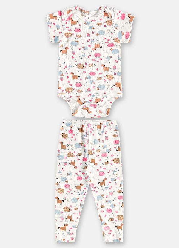 Conjunto Bebe Body Manga Curta e Calça Fazenda Branco