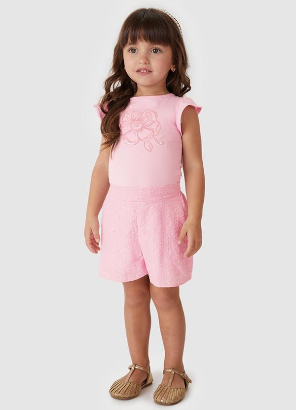 Conjunto Flor com Bordado Menina Rosa Claro