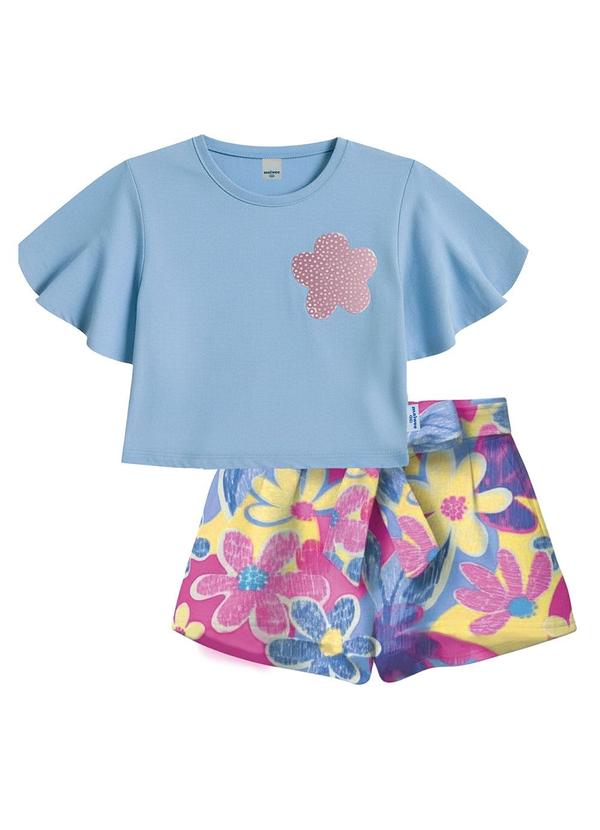 Conjunto Floral com Bordado Azul Pastel