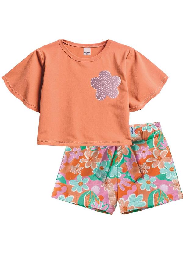 Conjunto Floral com Bordado Laranja Pastel