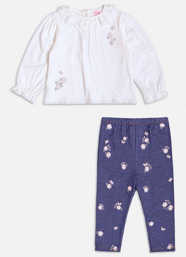 Conjunto Floral com Gola de Babado Azul