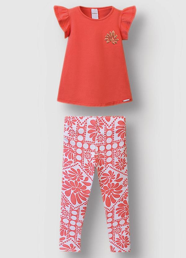 Conjunto Floral com Lantejoula Menina Laranja
