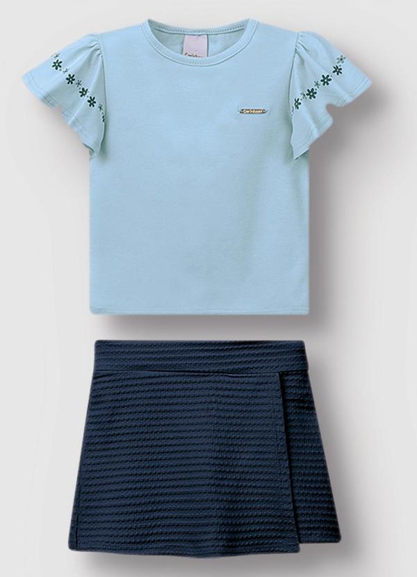 Conjunto Floral em Malha Texturizada Azul Claro