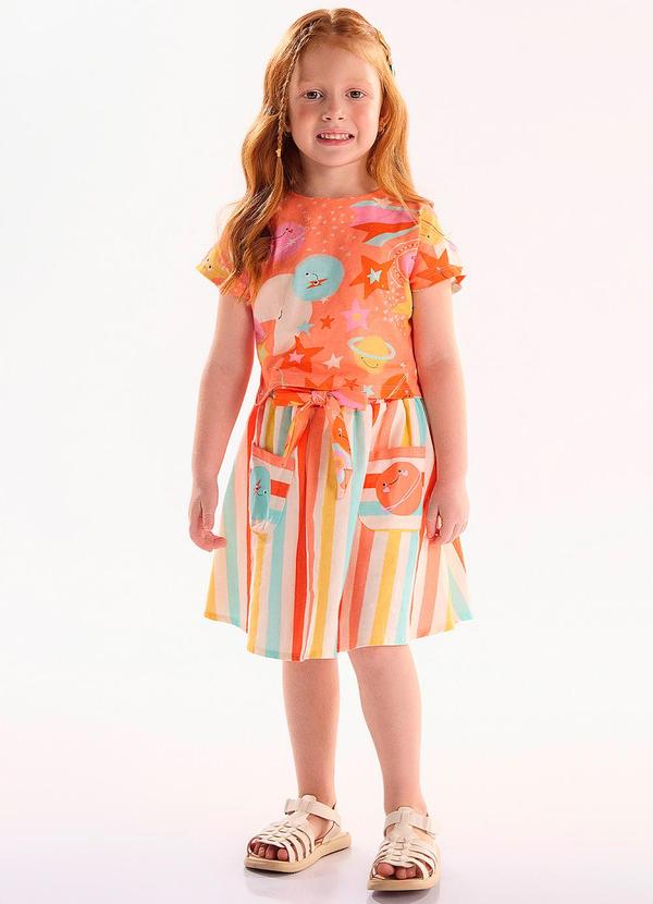 Vista 2 Conjunto Infantil Blusa e Saia Laranja Três e Já Três e Já