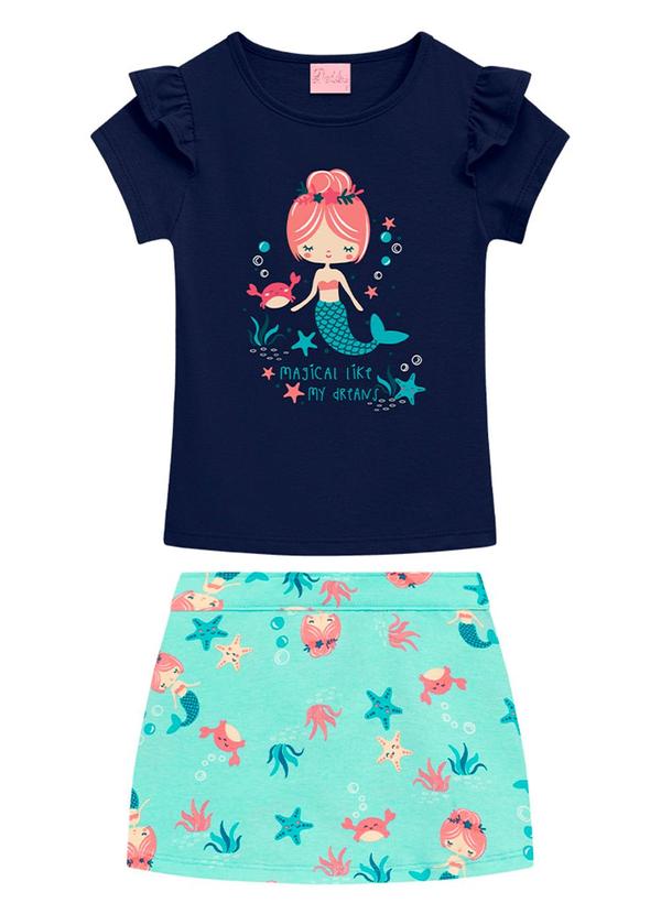 Vista 2 Conjunto Infantil Blusa e Short Saia Azul Duduka Duduka