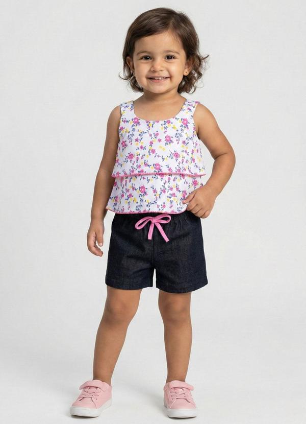 Conjunto Infantil Crepe Flores Rosa