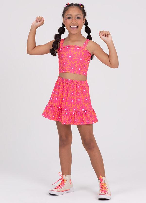 Vista 2 Conjunto Infantil Cropped Saia Florido Laranja VIDA COSTEIRA VIDA COSTEIRA