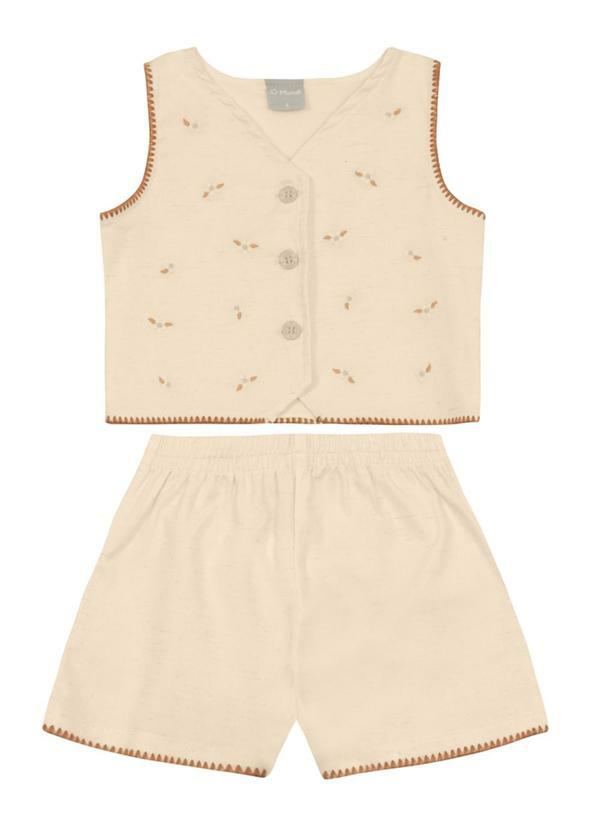 Conjunto Infantil Menina Colete Bordado Natural