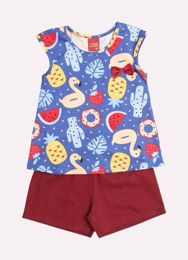 Vista 2 Conjunto Infantil Menina Estampa Frutas Azul Kyly Kyly