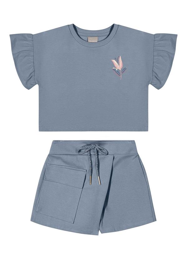 Conjunto Infantil Menina Flor Bordado Azul