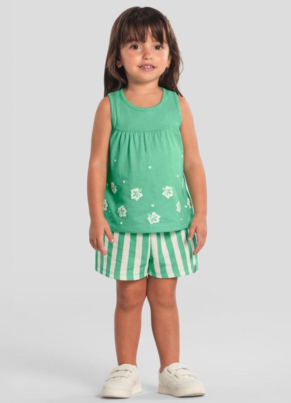 Conjunto Infantil Menina Floral em Puff Verde