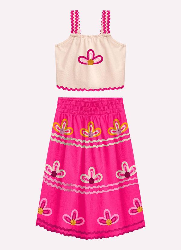 Vista 2 Conjunto Infantil Menina Flores Bege Nanai Nanai