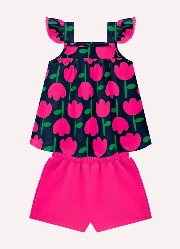 Conjunto Infantil Menina Tulipas Azul Marinho