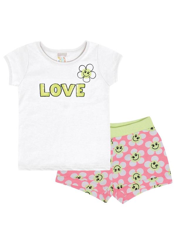 Vista 2 Conjunto Manga Curta Meia Malha Menina Branco Pulla Bulla Pulla Bulla