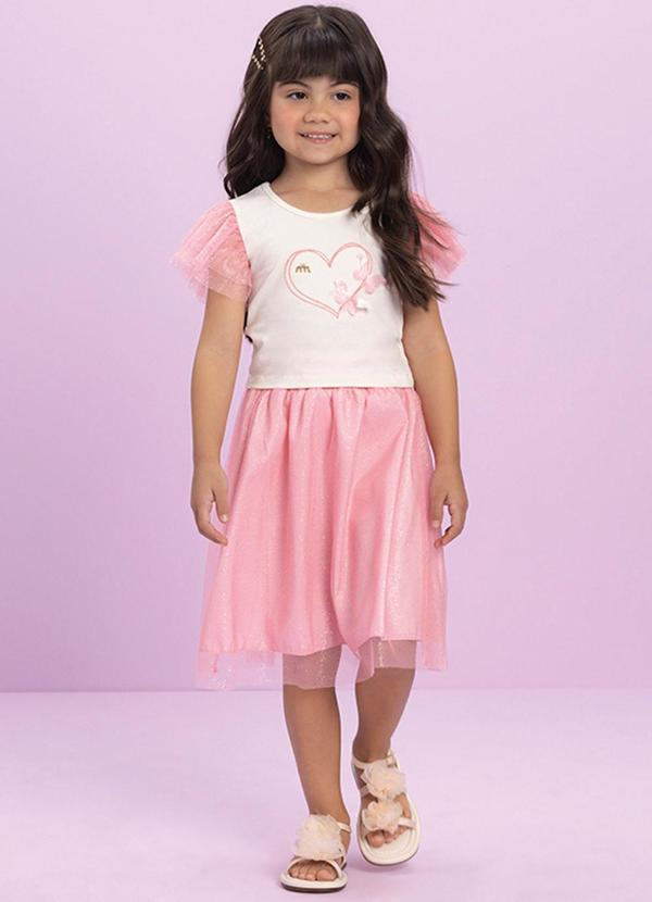 Conjunto Menina Blusa e Saia em Tule Brilho Rosa