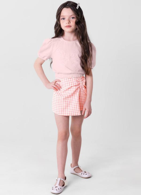 Conjunto Menina com Cropped e Shorts Saia Rosa