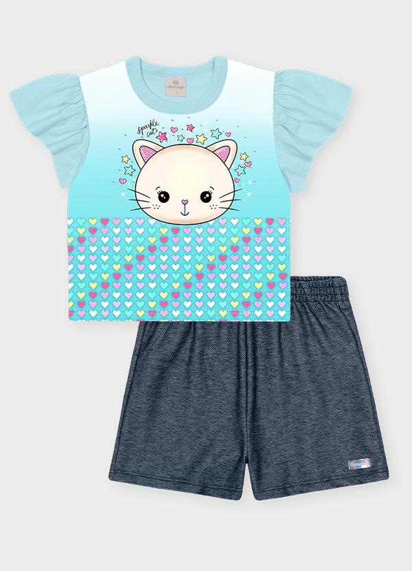 Conjunto Menina Gatinho Brilhante Azul