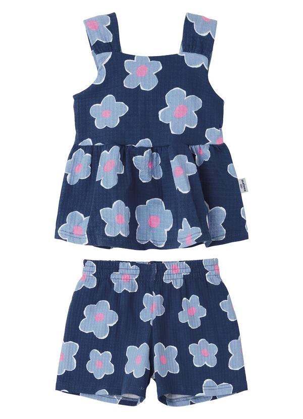Conjunto Texturizado Floral Evasê Azul Marinho