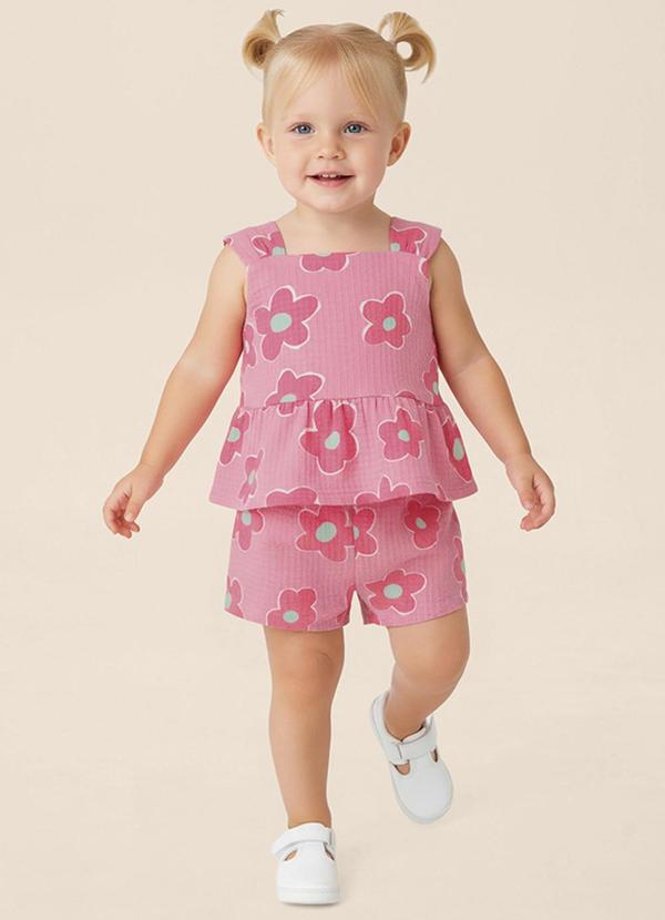Conjunto Texturizado Floral Evasê Rosa Claro