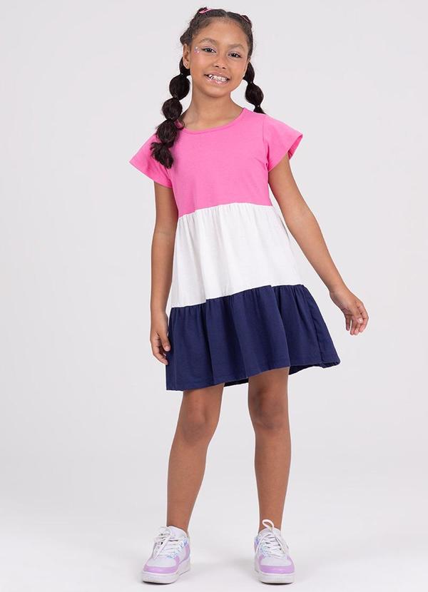 Vista 2 Vestido Infantil Evasê Camadas Bordado Rosa VIDA COSTEIRA VIDA COSTEIRA