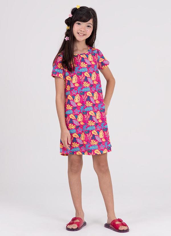 Vista 2 Vestido Infantil Sublimado Folhagens Rosa VIDA COSTEIRA VIDA COSTEIRA