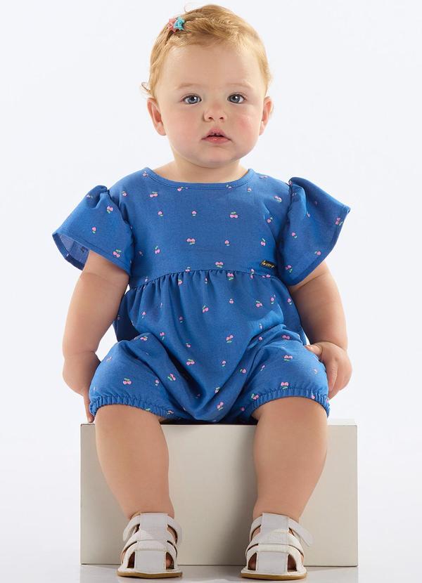 Macacão Cerejas Bebê Menina Azul