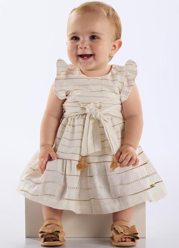 Vestido e Faixa Bebê Algodão Bege
