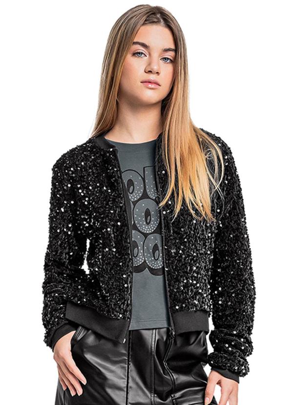 Vista 2 Jaqueta Bomber Juvenil em Paetê Preto Gloss Gloss