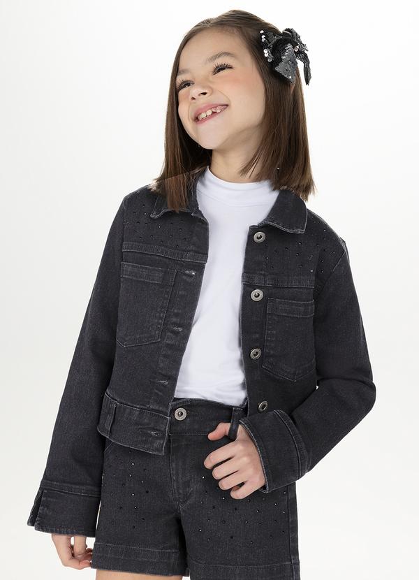 Jaqueta Jeans Cropped Infantil com Strass Preto