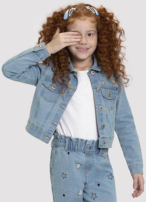Vista 2 Jaqueta Jeans Infantil Menina Cropped Bordada Jeans Alakazoo Alakazoo