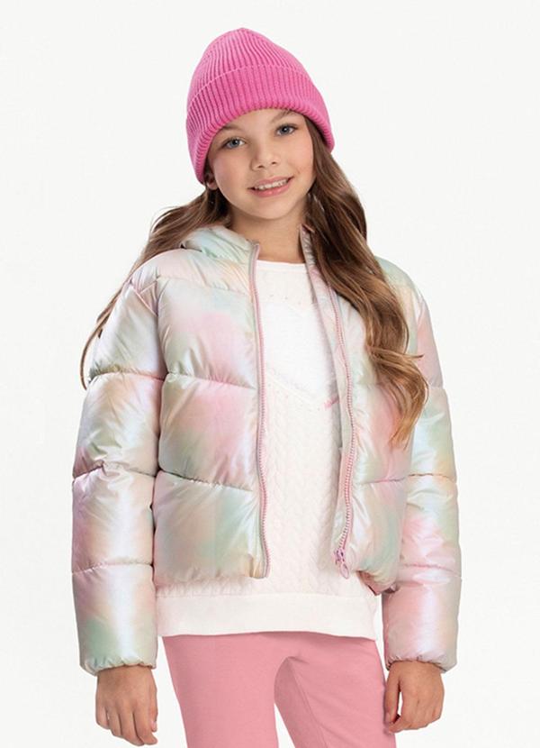 Jaqueta Puffer Infantil com Capuz e Zíper Rosa