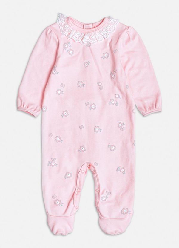 Macacão Rosa Floral com Golinha de Renda Rosa