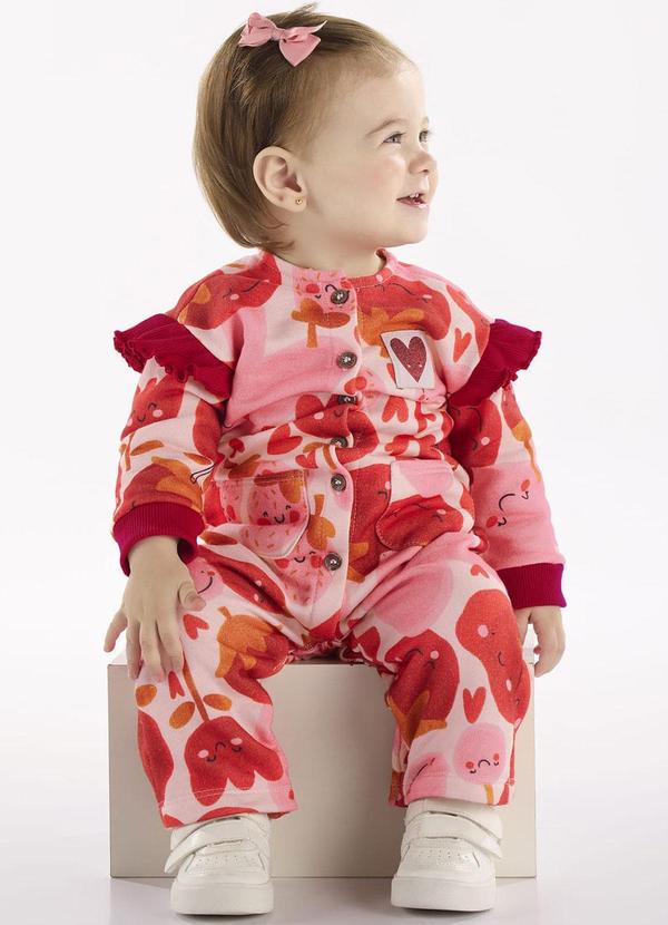 Vista 2 Macacão Bebê Menina Tomatinhos Vermelho Três e Já Três e Já