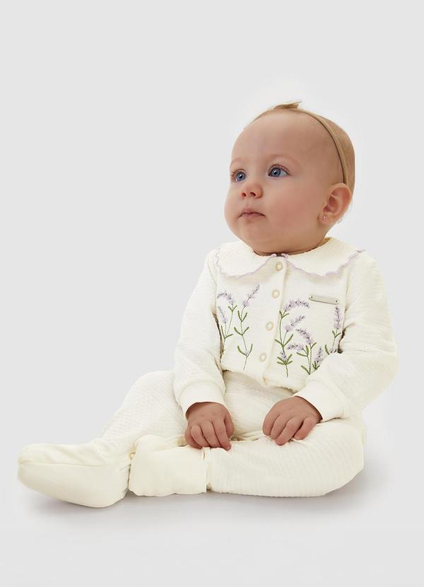 Macacão com Bordado Menina Off White
