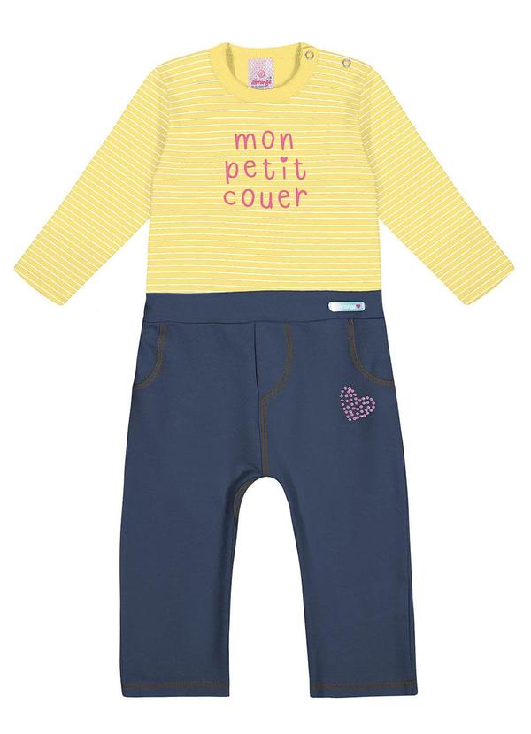 Macacão Listrado e Jeans Escuro Baby Amarelo