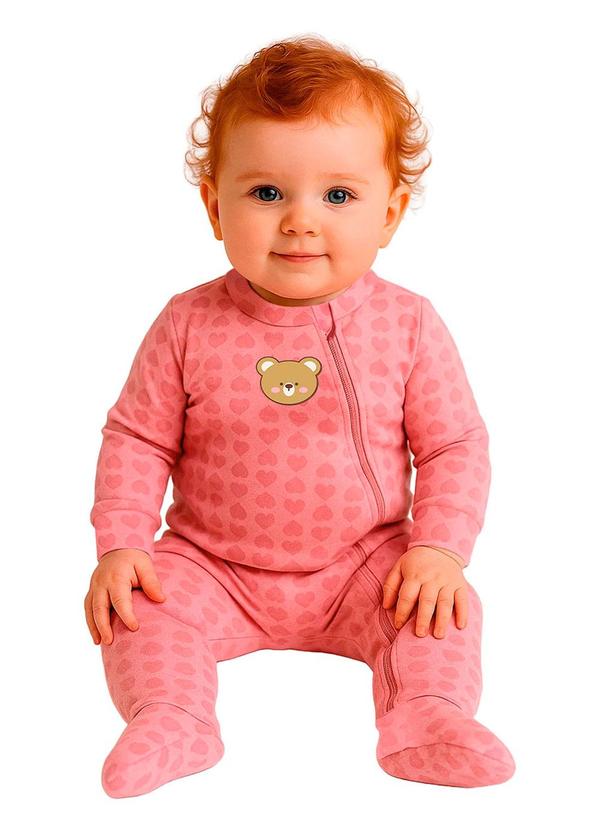Macacão Longo Pezinho Ursinho Rosa Claro