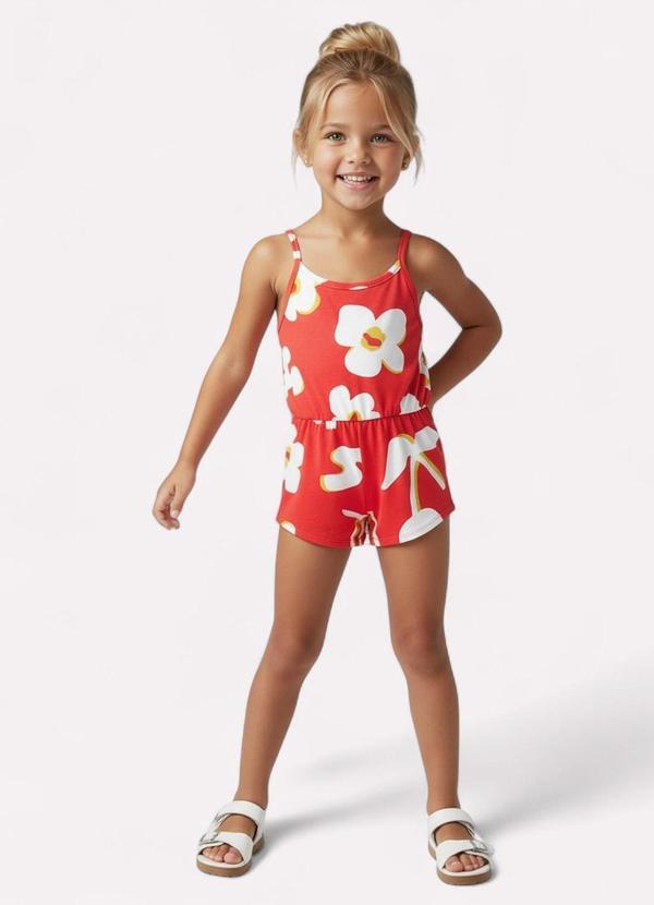 Vista 2 Macaquinho Infantil Menina Flores Vermelho Kyly Kyly