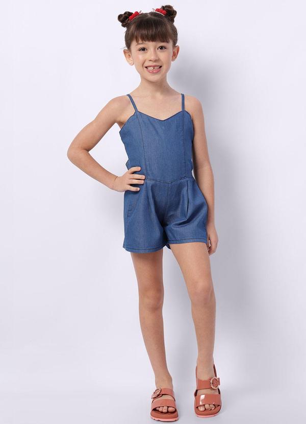 Macaquinho Jeans Infantil Alcinha Recortes Azul