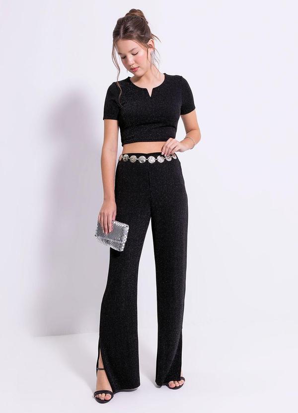 Calça Pantalona em Canelado Preto