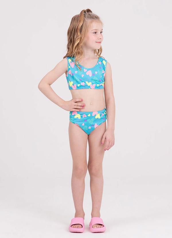 Conjunto Infantil Cropped Uv 50+ Corações Azul