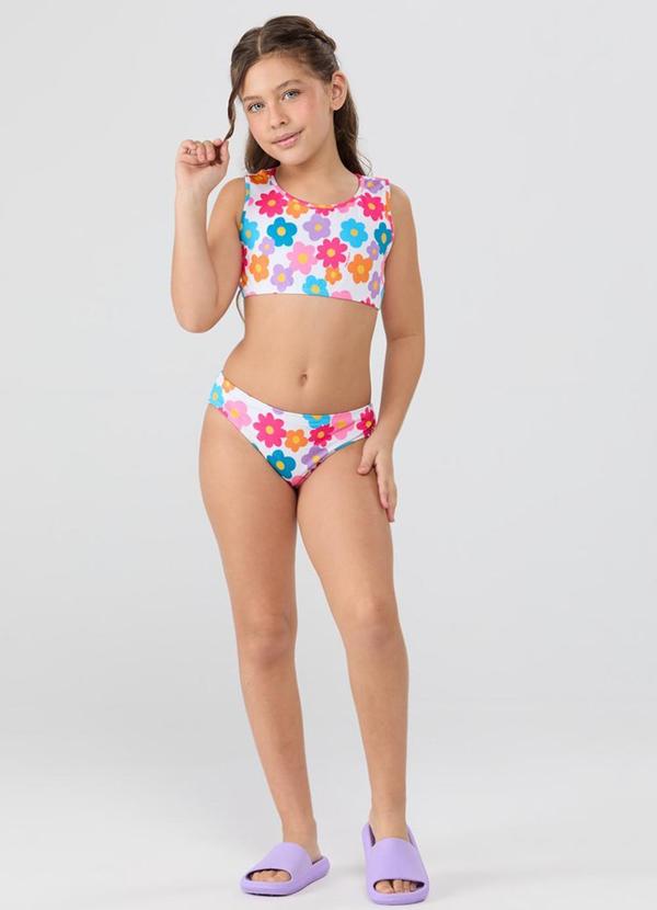 Conjunto Praia Uv50+ Top Nadador Floral Branco