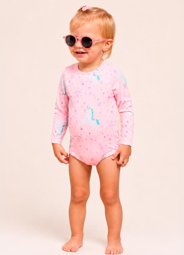 Maiô Bebê Menina Uv50+ Manga Longa Unicórnios Rosa