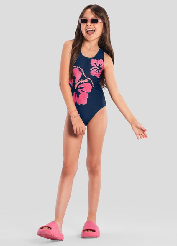 Vista 2 Maiô Infantil Menina de Flores em Malha Uv Azul Brandili Brandili