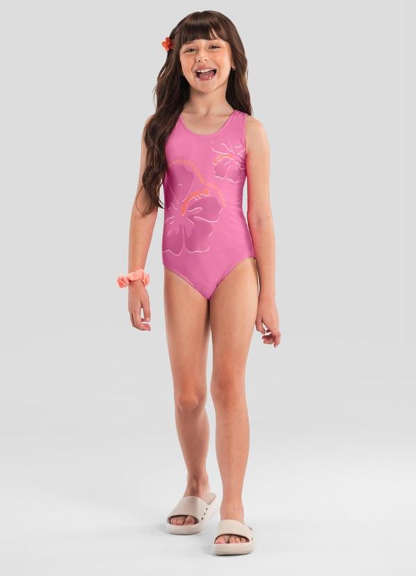 Maiô Infantil Menina de Flores em Malha Uv Rosa