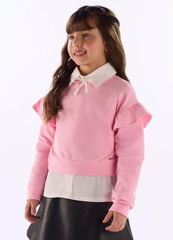 Blusão Molecotton Babado Strass Rosa